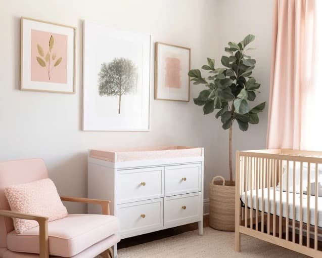 Calm neutral nursery with crib, woven pendant light, and soft natural textures