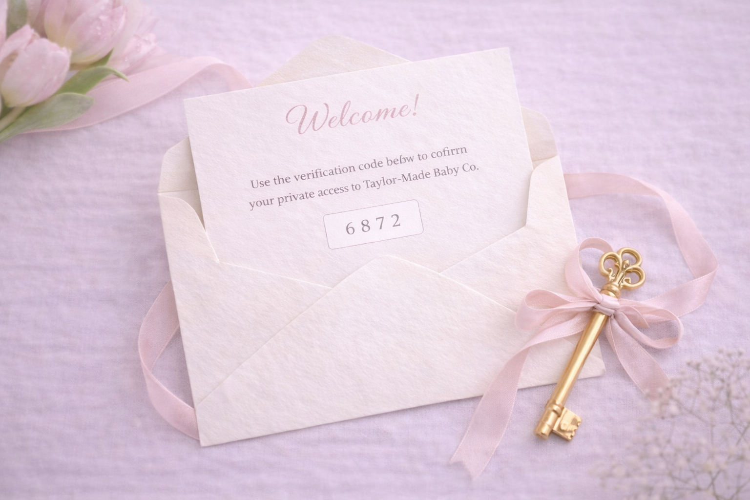 A soft ivory envelope with a welcome card and private access code, representing an invitation to Taylor-Made Baby Co.