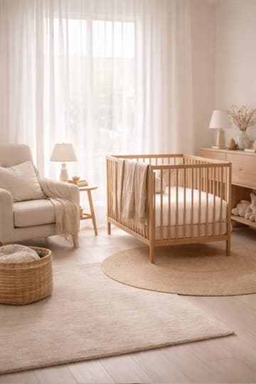 Light wood crib in a warm, minimal nursery setting