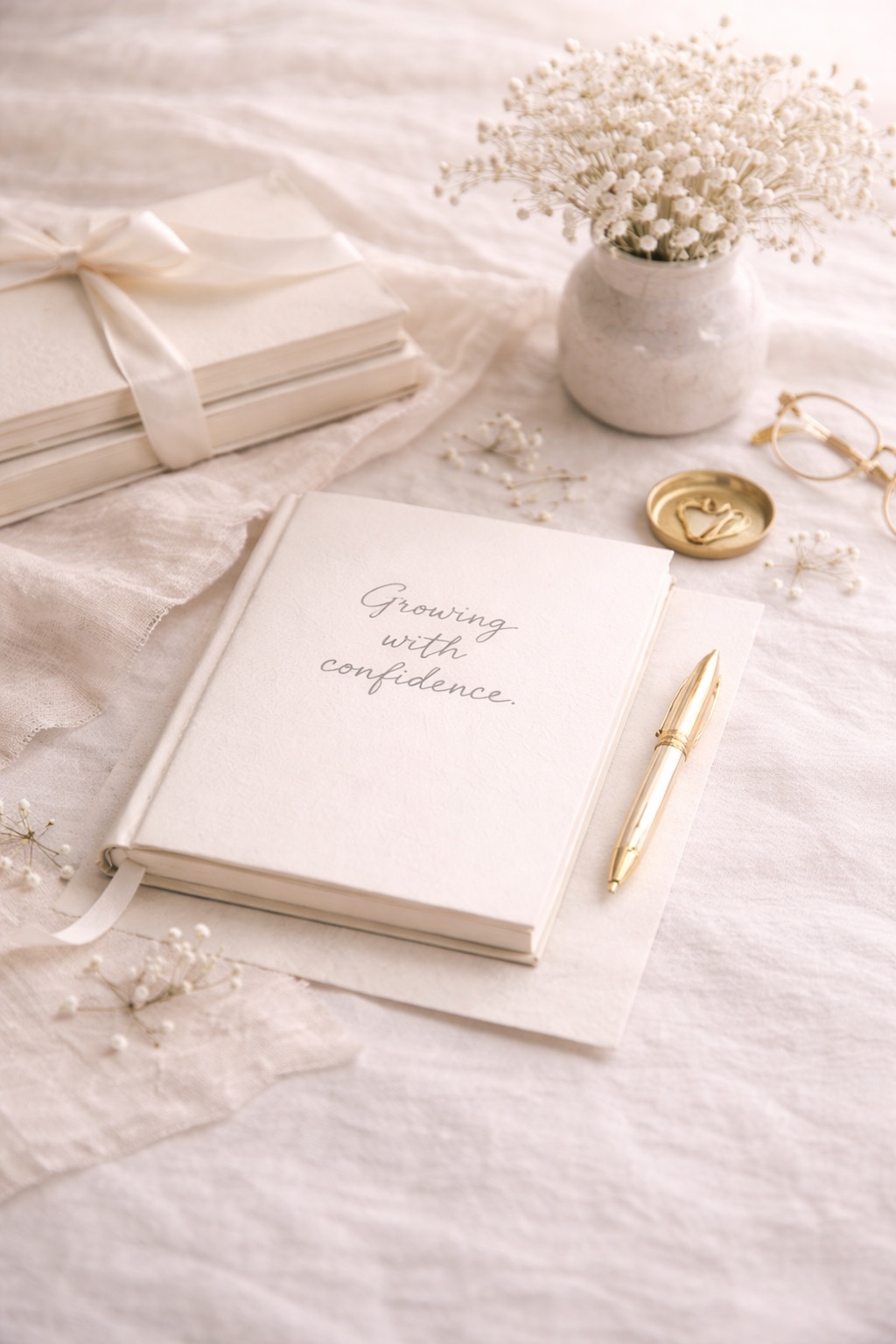 A softly lit baby journal open for reflection and memory keeping